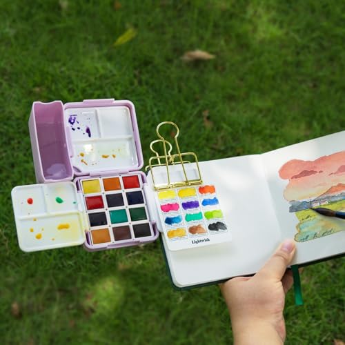 12 Colors Pocket Travel Watercolor Set, Mini Watercolor Paint Set with Portable Case,Coloring Mixing Palette, Water Wash Cup,for Adult Artist Beginner Watercolor Painting Lovers - color: Purple