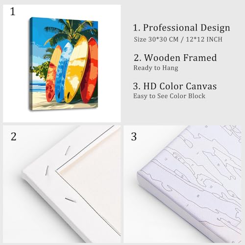 Natuyalo Framed Paint by Number Kits for Adults Beginners, Surfboard Easy Acrylic Adult Paint by Number Kits, Beach DIY Painting by Numbers Kits with Frame Ideal Gift 12x16 Inch - color: Color-10
