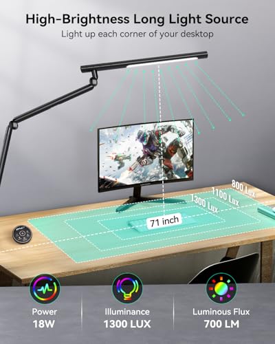 LED Desk Lamp with Clamp, 18W Architect Desk Lamp with Dual Light, Flexible 3 Sections Swing Arm, with RGB Light, with Remote, with Sensor Switch, Stepless Dimming, 4 Color Mode & 5 Brightness - color: RGB Dual Lamp