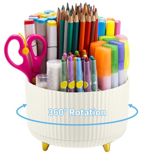Marbrasse Desk Organizer, 360-Degree Rotating Pen Holder, 5-Compartment Pencil Organizer, Art Supply Storage Box Caddy for Office and Home (Ivory) - color: Ivory
