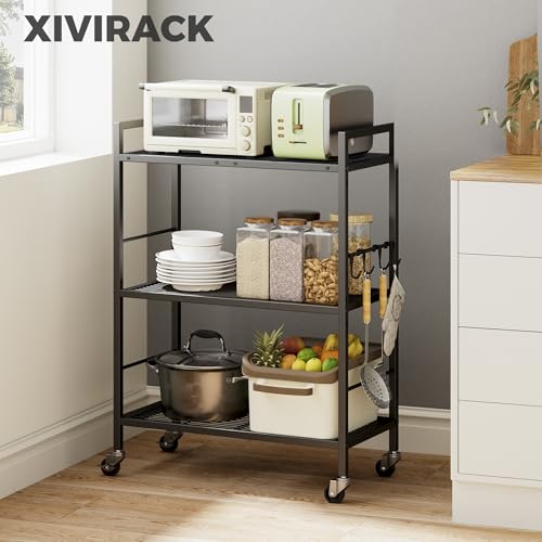 3-Tier Metal Storage Rack with Industrial Wheels,Mesh Shelving Unit with Wooden Table top,Adjustable Shelf,23.6-Inch Width,for Kitchen,Laundry,Pantry,Plant,Black panel and black frame - color: Black Panel, size: 3 Tier (23.6"W x 11.8"D)