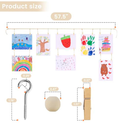 KLOGTSIND Kids Art Display Wall Decor, Wood Beads Garland with 34 Clips - color: Brown