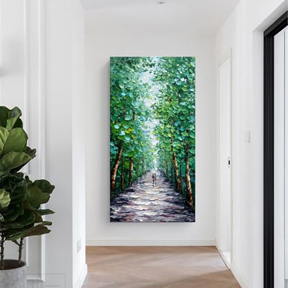 Alenoss Hand Painted Green Canvas Wall Art, Abstract Oil Painting on Canvas | Large Midsummer Forest Landscape Painting, 24x48 inches, Green, Vertical Wall Art for Living Room, Bedroom - color: AL-B102