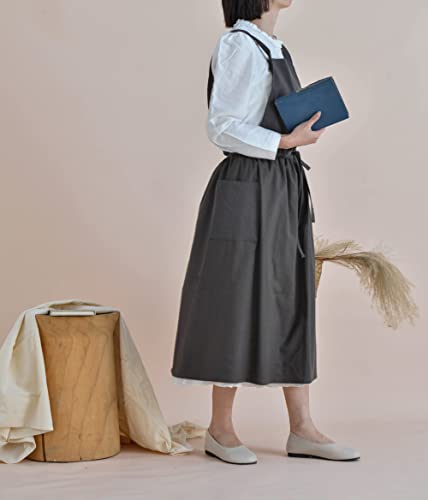 VLZUFE Women Cotton Linen Cross Back Apron with Pockets for Gardening Works Pinafore Dress - color: Dark Grey