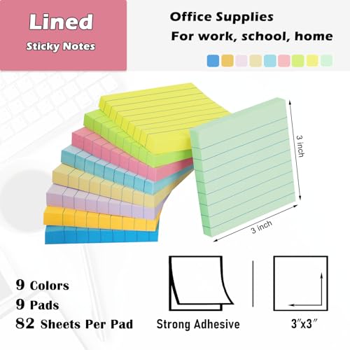 HQCME 9 Pack Lined Sticky Notes 3x3 in, Self-Stick Note Pads, 82 Sheets/Pad | Sticky Pads, Bulk Stick Notes Pad, Teacher Classroom Must Haves, Back to School & Office Supplies,Easy to Post for Notebook - size: 3x3 in