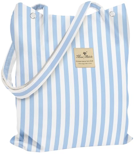 Miss Adola Corduroy Tote Bag for Women with Aesthetic Design | Magnetic Buckle & Pocket, Reusable, Soft, Roomy, Long Shoulder Handles, Double-sided Print, Casual Daily Work, Grocery Bags - color: Blue Stripe