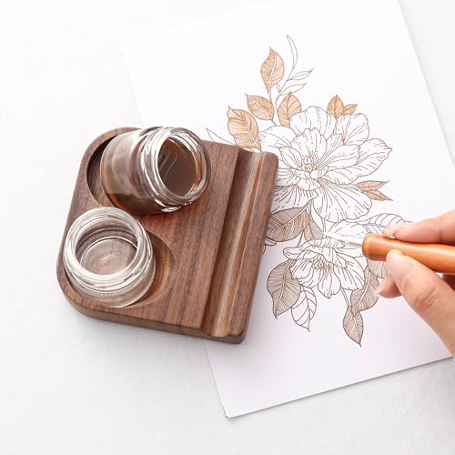 Wooden Calligraphy Brush Holder with Glass Inkwell Container, Set with Angled Tip Holder Base (Upgraded Two Glass Ink Holders) - style: Upgraded Two Glass Ink Holders