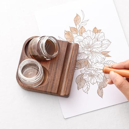 Wooden Calligraphy Brush Holder with Glass Inkwell Container, Set with Angled Tip Holder Base (Upgraded Two Glass Ink Holders) - style: Upgraded Two Glass Ink Holders