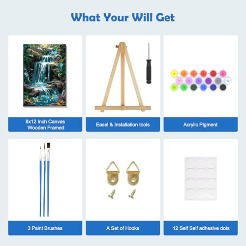 MOGTAA Paint by Numbers Kit for Adults with Frame, River Landscape Paint by Number Canvas, Flowers Paint by Numbers with Easel, DIY Butterfly Oil Painting Kit for Home Wall Decor 8 x 12 Inch