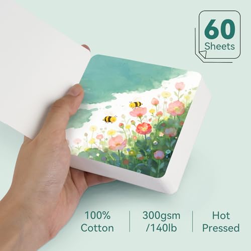 Lightwish 60 Sheets Mini Watercolor Sketchbook 3.5 x 3.5 inch Hot Press 300gsm/140lb, Travel Size Portable Tearable Square Painting Notebook, Square Watercolor Sketch Book Art Paper Sketchbook - size: 3.5 x 3.5 inch