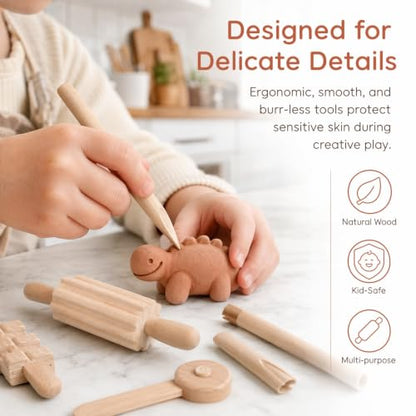 SEWACC 12pcs Wooden Clay Sculpting Tools Pottery Dough Rolling Modeling Tool Kit Plasticine Shaping Set for Kids DIY Craft Activities