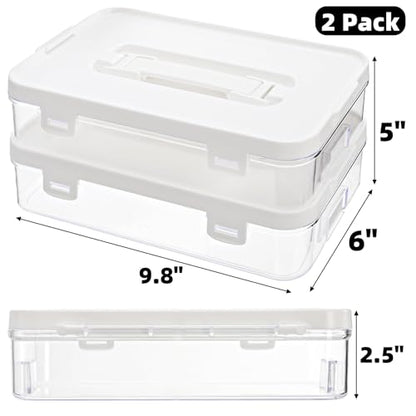2 Pack Plastic Craft Storage Box with Lid, Clear Stackable Pencil Case, Portable Art Supply Organizer with Handle, Small Carrying Crayon Container for Sewing Ornament Nail Polish Tape