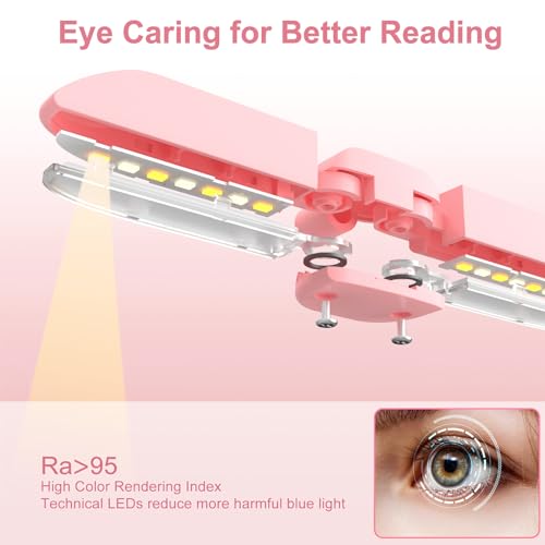 Vekkia 14 LED Rechargeable Book Light for Reading at Night | Eye-Care Reading Light for Books in Bed/180° Adjustable, Clip on Lamp/3 Color Temperatures, Lightweight - color: Pink
