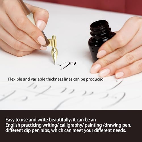 Wood Calligraphy Oblique Dip Pen Holder Set | Removable Nib Pen Handle with 5 Nibs for English Calligraphy Drawing Comic, Brown - color: Brown
