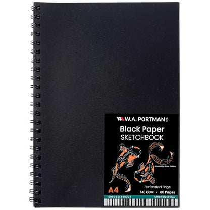WA Portman Black Paper Sketchbook A4, 140 GSM 60 Pages Black Paper Notebook | Black Paper Spiral Notebook A4(8.3" X 11.7") Acid Free Heavy Weight 60 Pages (30 Sheets) Drawing Pad for Kids & Adults - size: A4 Single