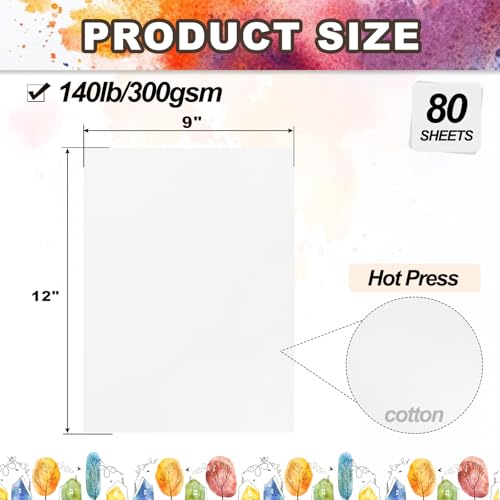 PATIKIL 80 Sheets Cotton Watercolor Paper 140lb/300 GSM Hot Press Water Coloring Paint Paper for Art Painting Watercolor Drawing Artist, 9x12 Inch - size: 9x12 Inch