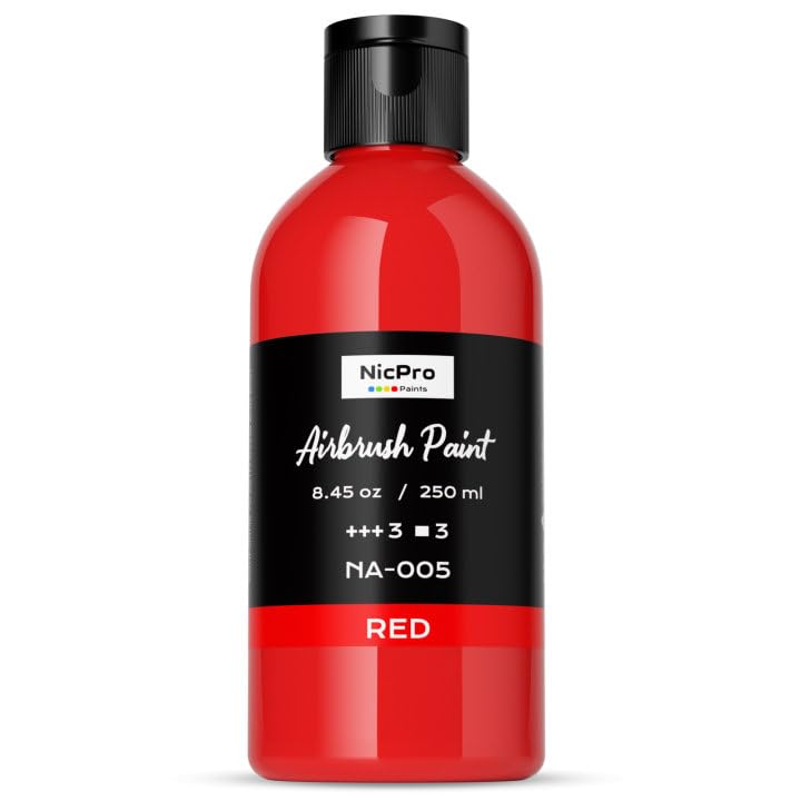 Nicpro Red Large Airbrush Paint (8.45 oz, 250 ml) Ready to Spray Opaque Water-Based Acrylic Air Brush Paints for Model, Wood, Canvas, Metal, Plastic, Leather, for Beginners & Artists - color: Red