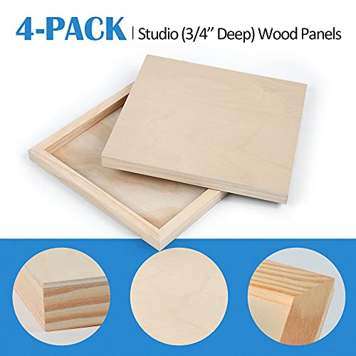 4 Pack 10x10’’ Unfinished Birch Wood Panels Kit for Painting | Studio 3/4’’ Deep Wooden Canvas, Cradle Boards for Acrylic Pouring, Art, Crafts, Epoxy Resin, Laser Engraving Cutting - size: 10'' x 10'' Studio