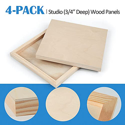 4 Pack 10x10’’ Unfinished Birch Wood Panels Kit for Painting | Studio 3/4’’ Deep Wooden Canvas, Cradle Boards for Acrylic Pouring, Art, Crafts, Epoxy Resin, Laser Engraving Cutting - size: 10'' x 10'' Studio