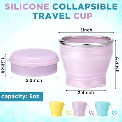 Zhehao 3 Pack Collapsible Travel Cup 6oz/180ml Silicone Collapsible Travel Water Cup Silicone Foldable Mug with Lid for Camping, Hiking, Outdoors(Yellow, Purple, Blue)