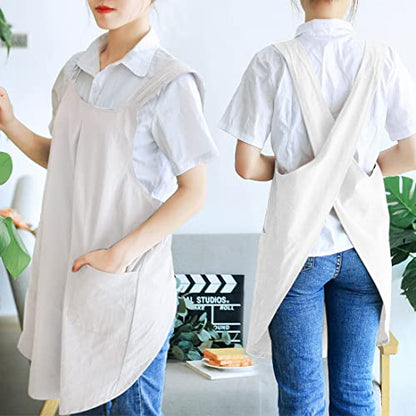 NEWGEM Japanese Cotton Linen Cross Back Cooking Apron for Women Men with Pockets Cute for Baking Kitchen - color: 11 - Women's White