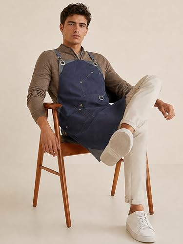 Professional Work Apron for Men & Women – 100% Cotton with waterproof Membrane, Cross Back Straps - color: Work Navy
