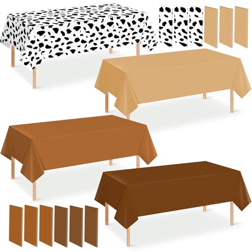 12Pack Brown and Cow Print Western Plastic Tablecloth for Rectangle Tables, Cowboy Rodeo Disposable Table Cover, Brown Rustic Table Cloth for Western Farm Cowboy My First Rodeo Baby Shower Party Decor - color: Gradient Beige and Cow Print