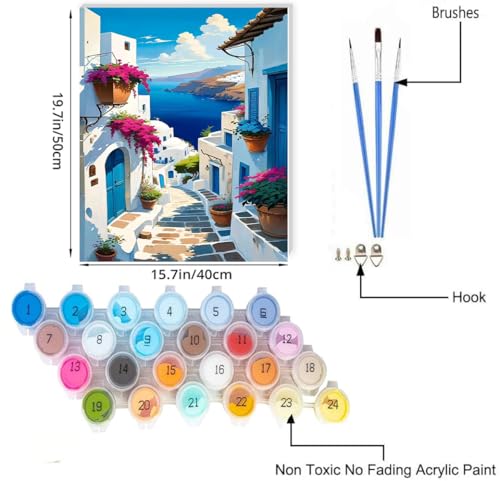 JUJUHOOD Sunset Santorini Paint by Numbers Kit for Adults,Watercolor Paintings Paint by Number Kits,Adult Paint by Number Canvas with Paintbrushes and Acrylic Pigment 16x20 inch - color: PNZXT-122