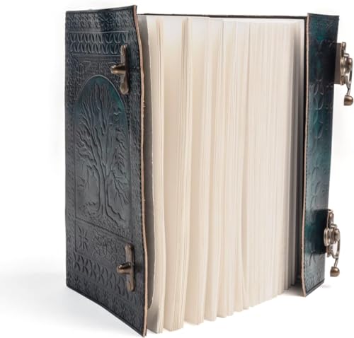 600 Pages Handmade Large Leather Journal Diary Embossed Tree of Life Book Of Shadows Notebook Writing Grimoire Sketchbook 7 x 10 Leather Bound (Green) - color: Green
