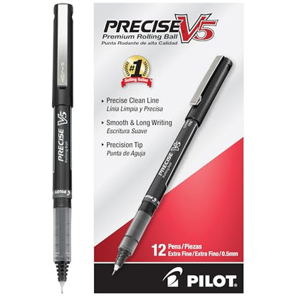 PILOT Precise V5, Extra Fine Point 0.5 mm Black Pens, Black, Pack of 12 - color: Black, size: 12 Count (Pack of 1)