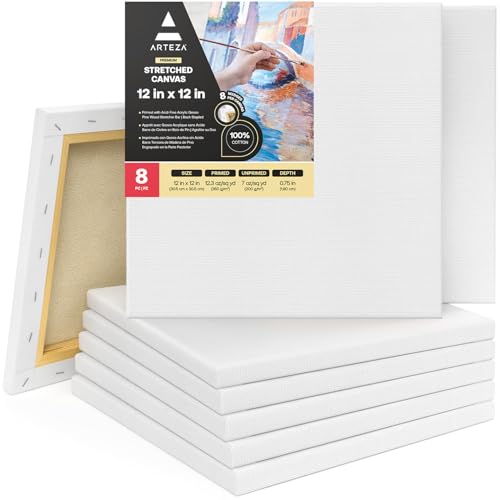 ARTEZA Premium Stretched Canvas, 12 x 12 Inches, Pack of 8, Blank White Square Canvas Boards for Acrylic, Oil and Gouache Painting - color: White - Premium, size: 12 x 12 (Pack of 8)