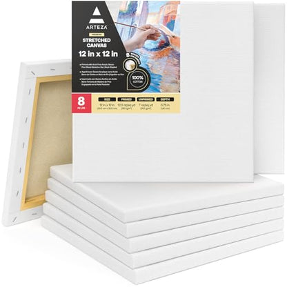 ARTEZA Premium Stretched Canvas, 12 x 12 Inches, Pack of 8, Blank White Square Canvas Boards for Acrylic, Oil and Gouache Painting - color: White - Premium, size: 12 x 12 (Pack of 8)