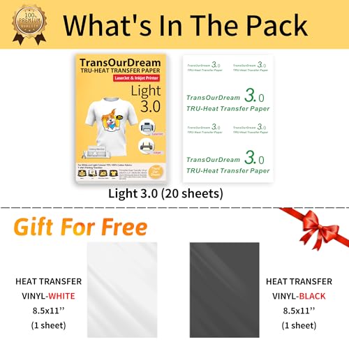 TransOurDream Iron on Heat Transfer Paper for Light Fabric (20 Sheets, 8.5x11") Printable Iron on Transfers for Inkjet Printer & Laserjet Printer, Heat Transfer Vinyl for T Shirts (2 Sheets, 8.5x11") - color: Light, size: 22 Sheets