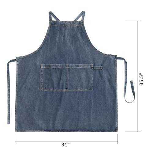 Cross Back Denim Apron with Large Pockets for Men and Women Soft and Unisex - color: Style a - Deep Blue