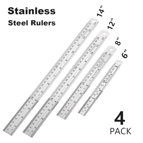 Stainless Steel Metal Ruler,6, 8, 12, 14 Machinist Ruler, with Inch and Metric Graduations,Pack of 4 (6, 8, 12, 14 inch)
