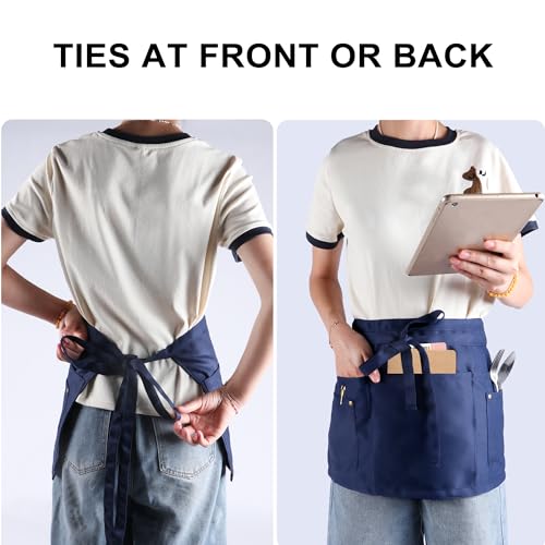 Server Apron with 5 Pockets - Rivet buckle Unisex Short/Half Waiter Waist Short Apron - color: Dark Blue