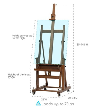 MEEDEN Enlarged Heavy-Duty H-Frame Easel: Artist Solid Beech Wooden Studio Easel - Professional Painting Art Easel Stand with 4 Lockable Wheels & Leveling Bolts - Hold Canvas up to 86" H,Walnut - color: Walnut, size: X-Large