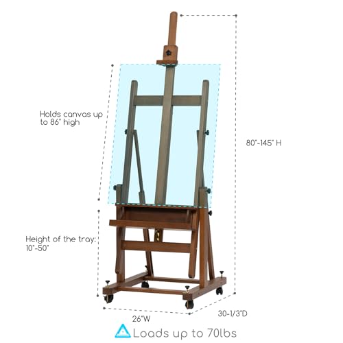MEEDEN Enlarged Heavy-Duty H-Frame Easel: Artist Solid Beech Wooden Studio Easel - Professional Painting Art Easel Stand with 4 Lockable Wheels & Leveling Bolts - Hold Canvas up to 86" H,Walnut - color: Walnut, size: X-Large