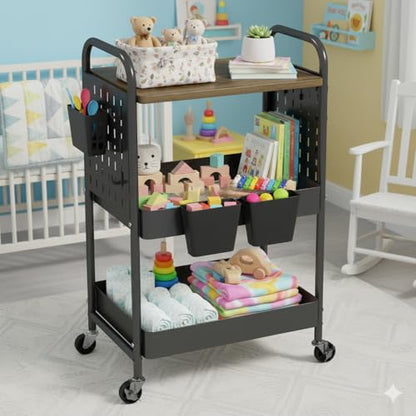 danpinera 3 Tier Rolling Cart, Metal Storage Cart with Wooden Tabletop, Storage Cart with DIY Pegboards & Locked Wheels, Hooks & Hanging Cups for Any Room, Black - color: Black