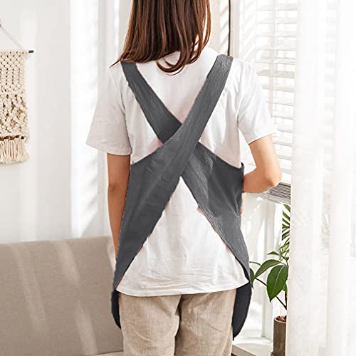 Cotton Cross Back Aprons Solid Color Cooking Kitchen Garden Smock for Women Girls with Pockets - color: Darkgrey