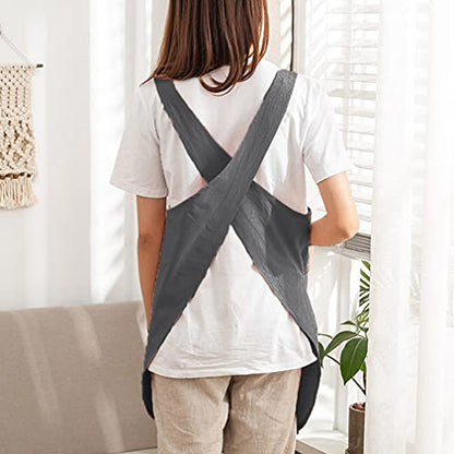 Cotton Cross Back Aprons Solid Color Cooking Kitchen Garden Smock for Women Girls with Pockets - color: Darkgrey