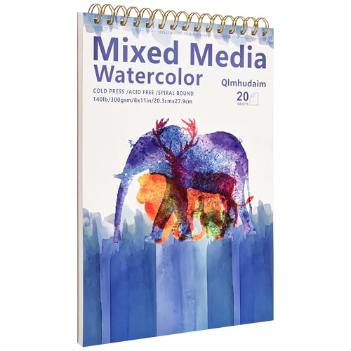 Qlmhudam Watercolor Paper Pad 8" x 11" - Heavyweight and textured paper Sketchbook,Spiral Bound, 20 Sheets 140lb/300g sketch pad, Watercolor Sketchbook for Wet & Dry Media,Drawing ，& Painting Journals - size: 8 x 11 Inches (1 pack)