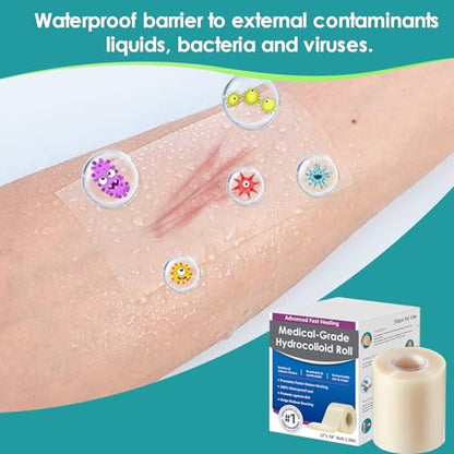 Hydrocolloid Roll for Wound Care, Medical-Grade Hydrocolloid Bandages with Self-Adhesive, Cut-to-Size Patch Bandages, Ultra Absorbent, Waterproof, First Aid Kit Essential (2in*4.8ft)