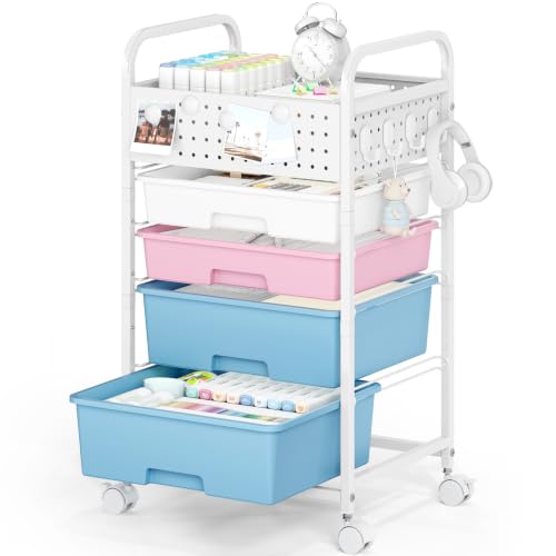 4 Drawer Rolling Storage Cart with Pegboard Top and Hooks, Pink&Blue - color: Pink&Blue, size: 4-Drawers