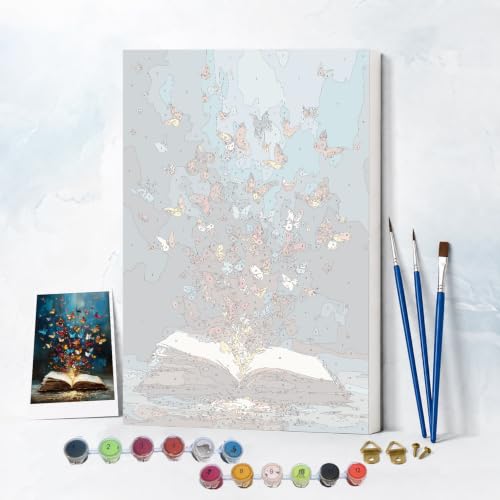 NXIKYO Framed Magic Book Paint by Numbers Kit for Adults Beginner, Flying Butterflies Easy Paint by Numbers Canvas with Frame, DIY Painting Kit for Relaxing Home Wall Decor Gift 8x12 Inch - color: Teal Blue#YK008