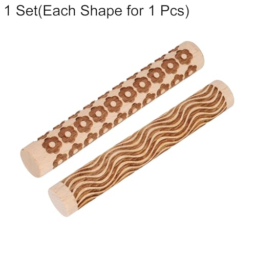 HARFINGTON 2pcs Wood Clay Roller 4" Curved Lines Flower Pattern Rolling Pins Wood Rollers Pottery Tools Wood Grain Texture Rollers for Clay Baking Dough Playdough DIY - style: Curved Lines + Flower