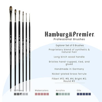 Creative Mark Hamburg Premiere Professional Oil Painting Brushes - Explorer Set of 6 Assorted Oil Paint Brushes - Handmade in Germany, Natural & Synthetic Blend, Long Triple-Lacquered Birch Handle - size: Assorted - Set of 6