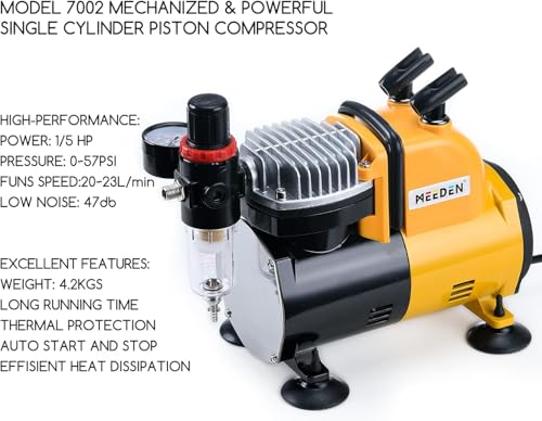 MEEDEN Airbrush Compressor Kit - 1/5 HP Quiet Air Compressor for Model Painting with 6 Feet Hose - color: Single - Yellow