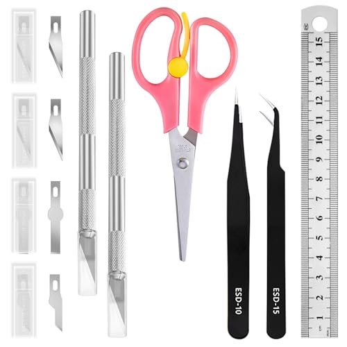 46Pcs Craft Hobby Knife Assortment Kit with Scissors and Tweezers, Precision Knives with #11#16#17 Spare Exacto Blades for Scrapbooking Carving Modeling Crafting