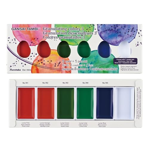Kuretake Gansai Tambi GRANULATING COLORS 3, 5 Color Set, Made in Japan | 5 granulating colors, glows under blacklight, Watercolor Paint Set, Professional Use, Artist Grade